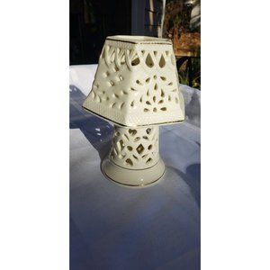 Hand Cut Pierced Porcelain Fairy Light Candle Holder w Gold Trim 7" Tall
